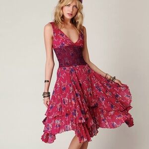 Elegant Asymmetrical Floral Dress in Red and Purple